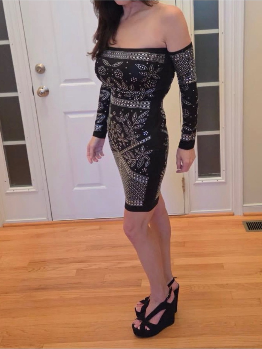 Black Long Sleeve Bodycon Dress with diamond accents